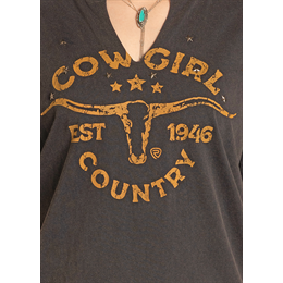 Women's Rock and Roll Denim V-neck Graphic Tee with Studs BW21T07959