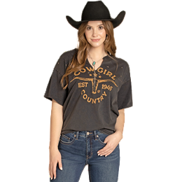 Women's Rock and Roll Denim V-neck Graphic Tee with Studs BW21T07959