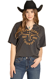 Women's Rock and Roll Denim V-neck Graphic Tee with Studs BW21T07959