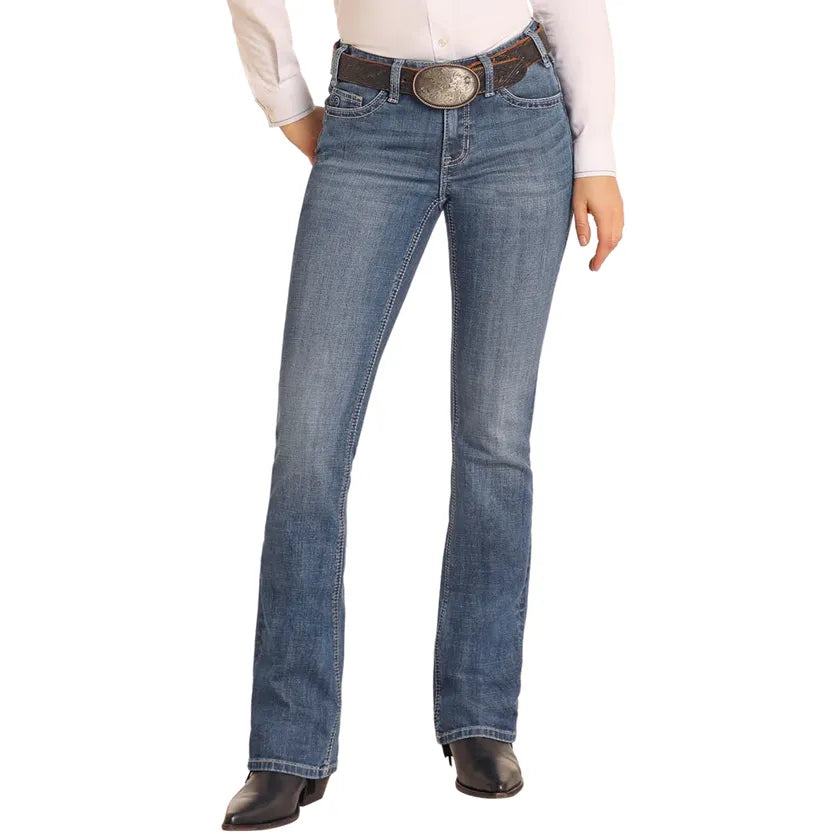 Women's Rock and Roll Mid Rise Curved Stitch Riding Jeans BW4RD05327 - Crazy House Western Wear