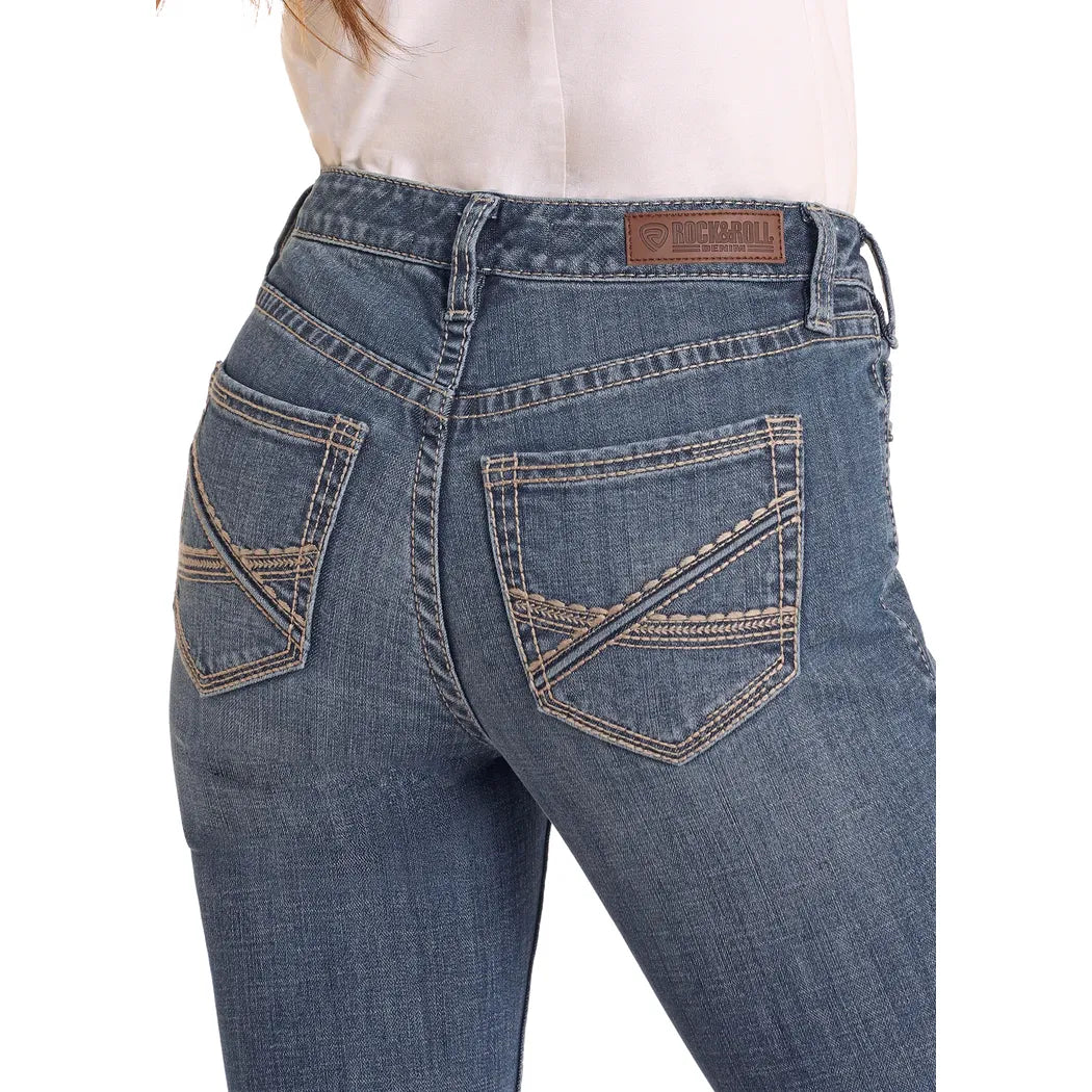 Women's Rock and Roll Mid Rise Curved Stitch Riding Jeans BW4RD05327 - Crazy House Western Wear