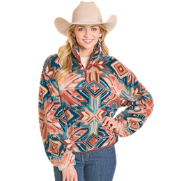 Women's Rock and Roll Denim Aztec Sherpa 1/4 Zip Pullover BW91C07752