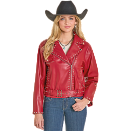 Women's Rock and Roll Denim Red Pleather Studded Jacket BW92C07795