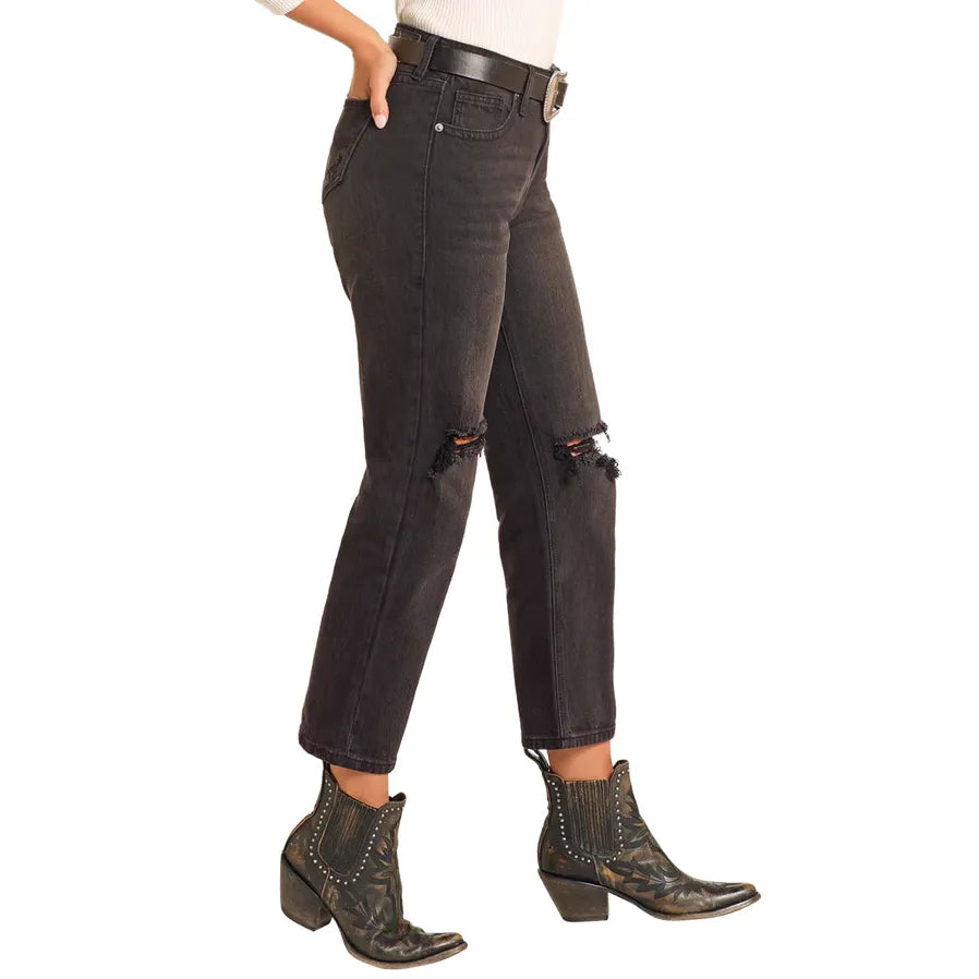 Women's Rock and Roll High Rise Black Distressed Cropped Jeans BW9HD04795 - Crazy House Western Wear