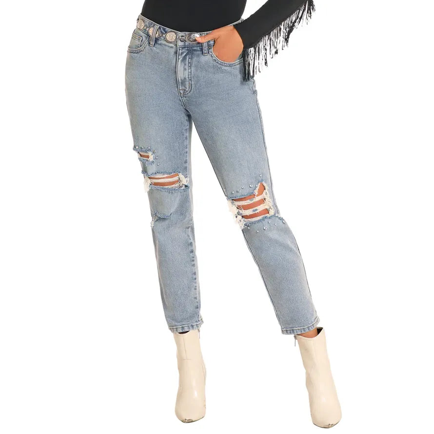 Women's Rock and Roll High Rise Studded Straight Cropped Jeans BW9HD04796 - Crazy House Western Wear