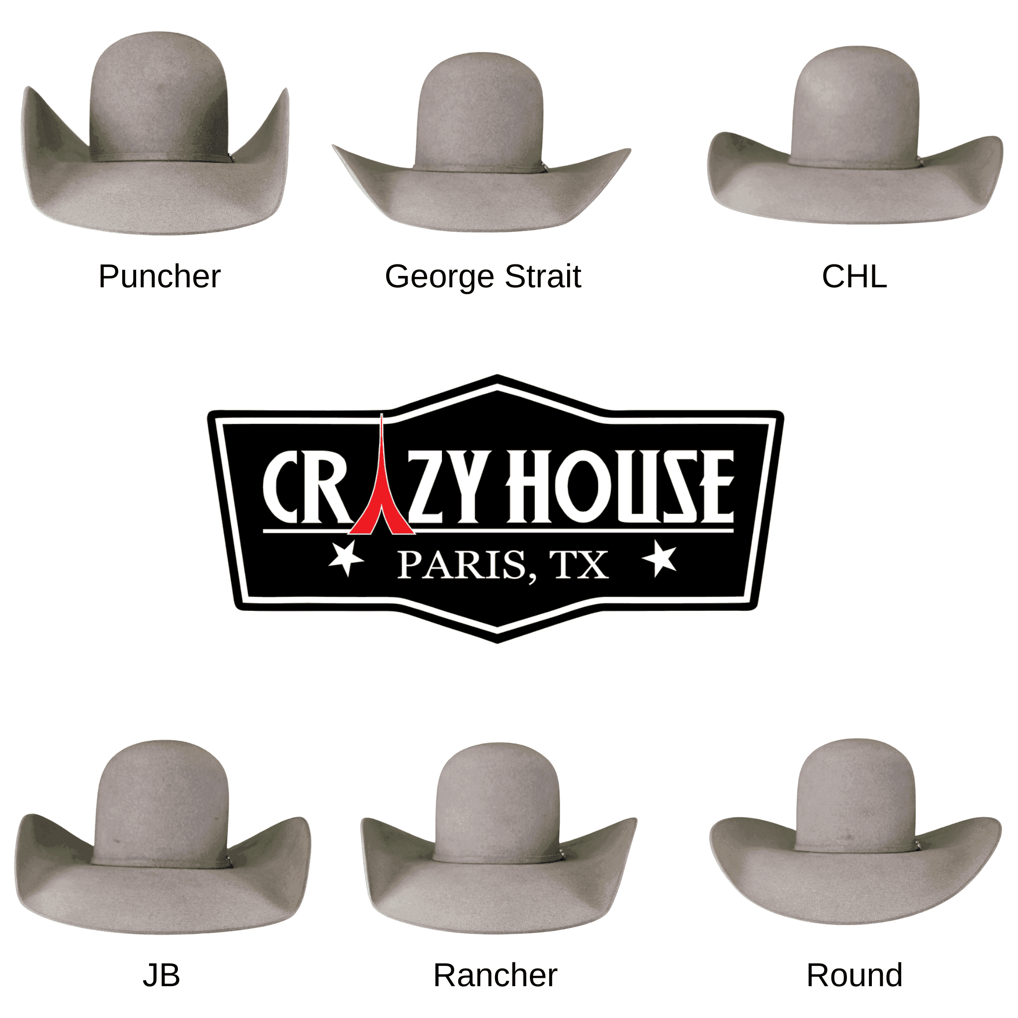 Five different styles of cowboy hats labeled 'Puncher', 'George Strait', 'CHL', 'JB', and 'Rancher' with a 'Crazy House' logo in the center.