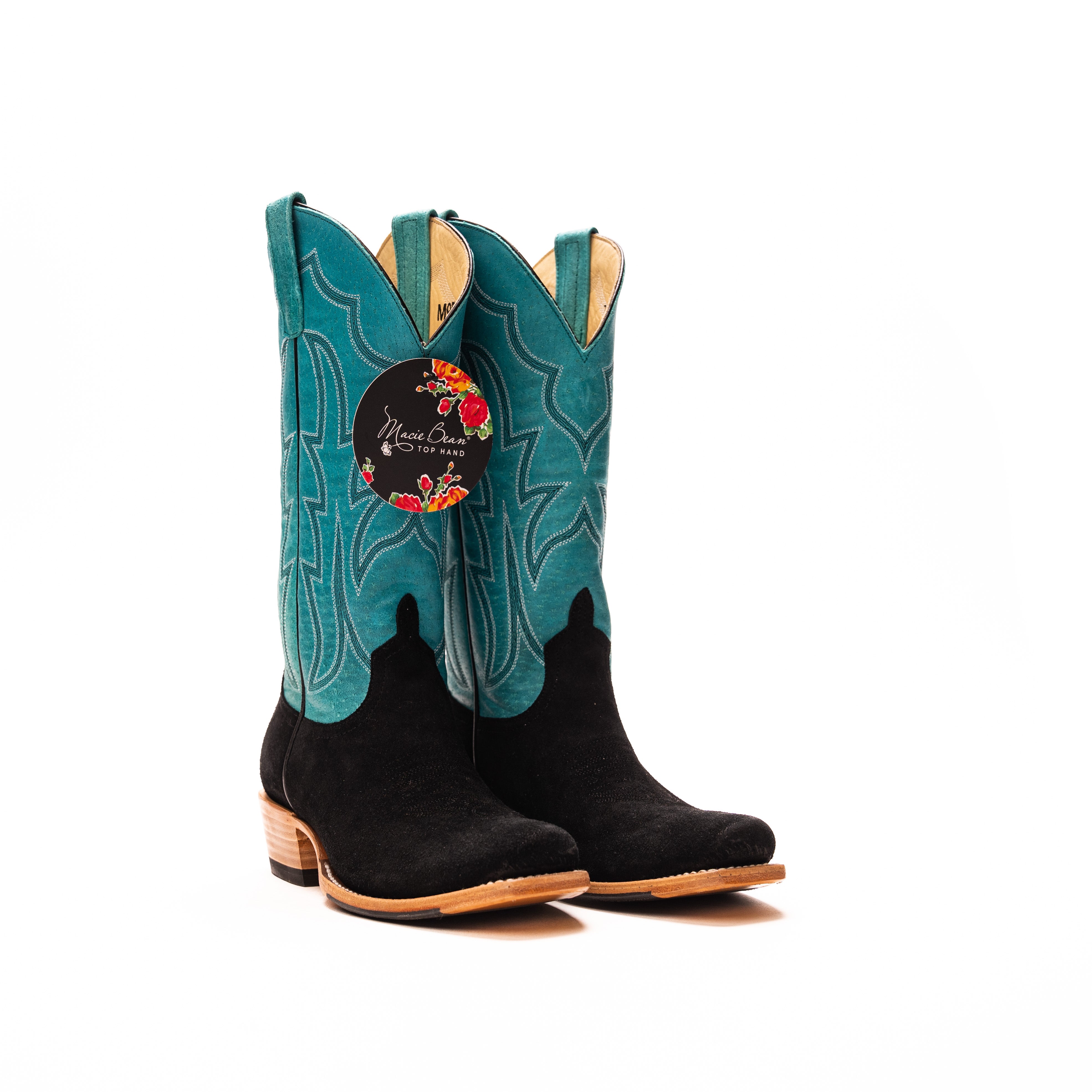 Women's Macie Bean Black Suede with 13" Blue Sinsation Top M9508 - Crazy House Western Wear