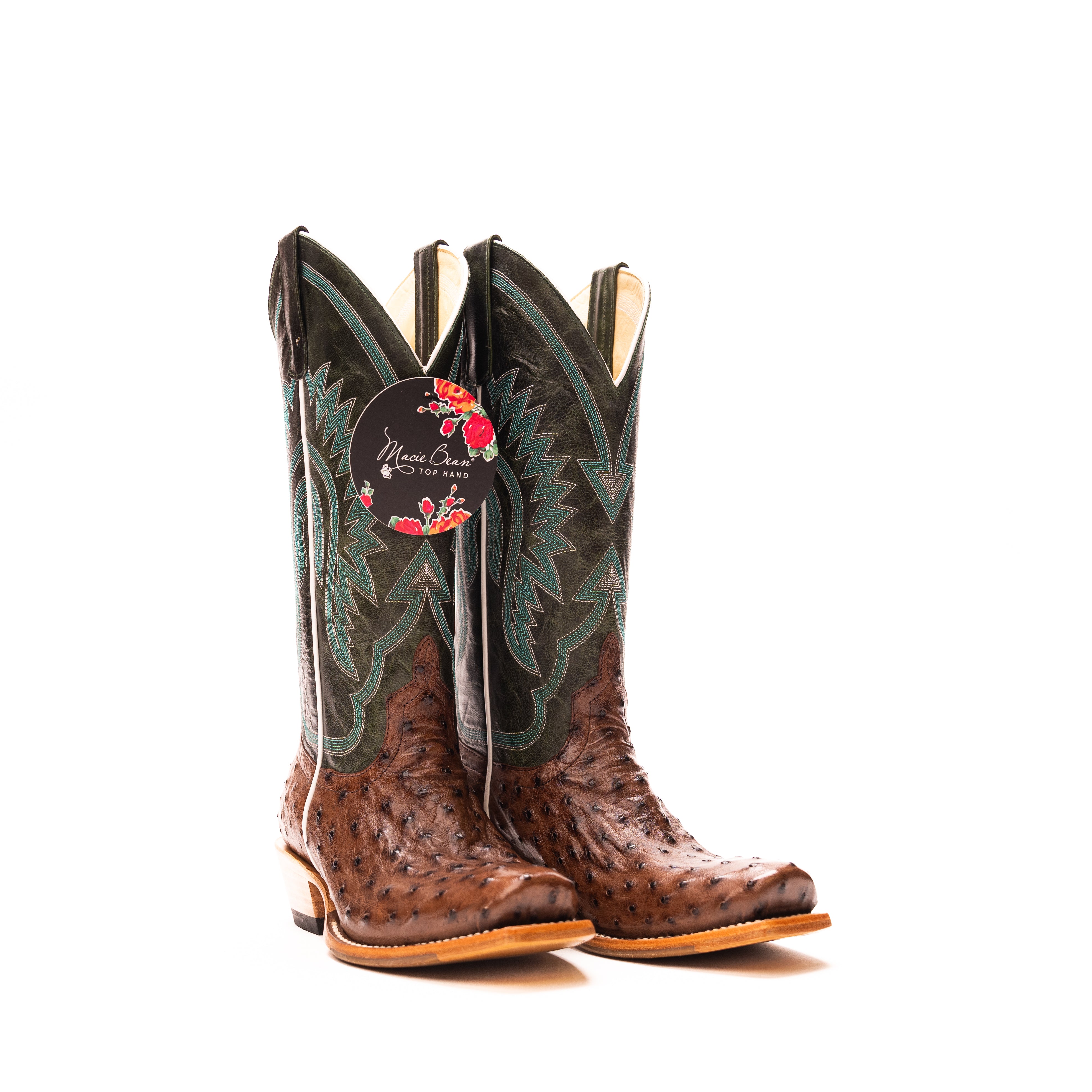 Women's Macie Bean Kango Tobacco Full Quill Ostrich with 13" Emerald Explosion Top M9502 - Crazy House Western Wear