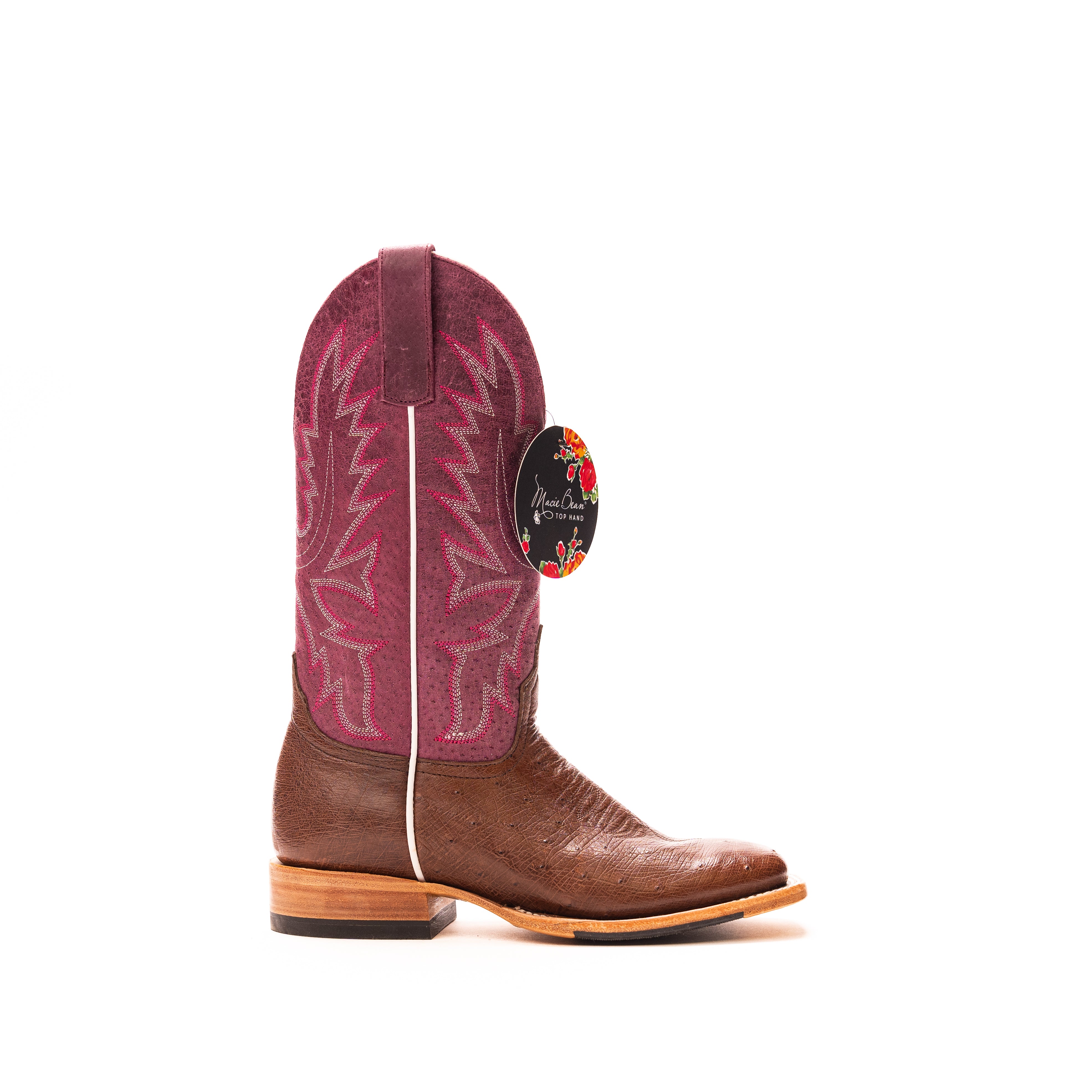 Women's Macie Bean Kango Tobacco Smooth Ostrich with 12" Purple Explosion Top M2028 - Crazy House Western Wear