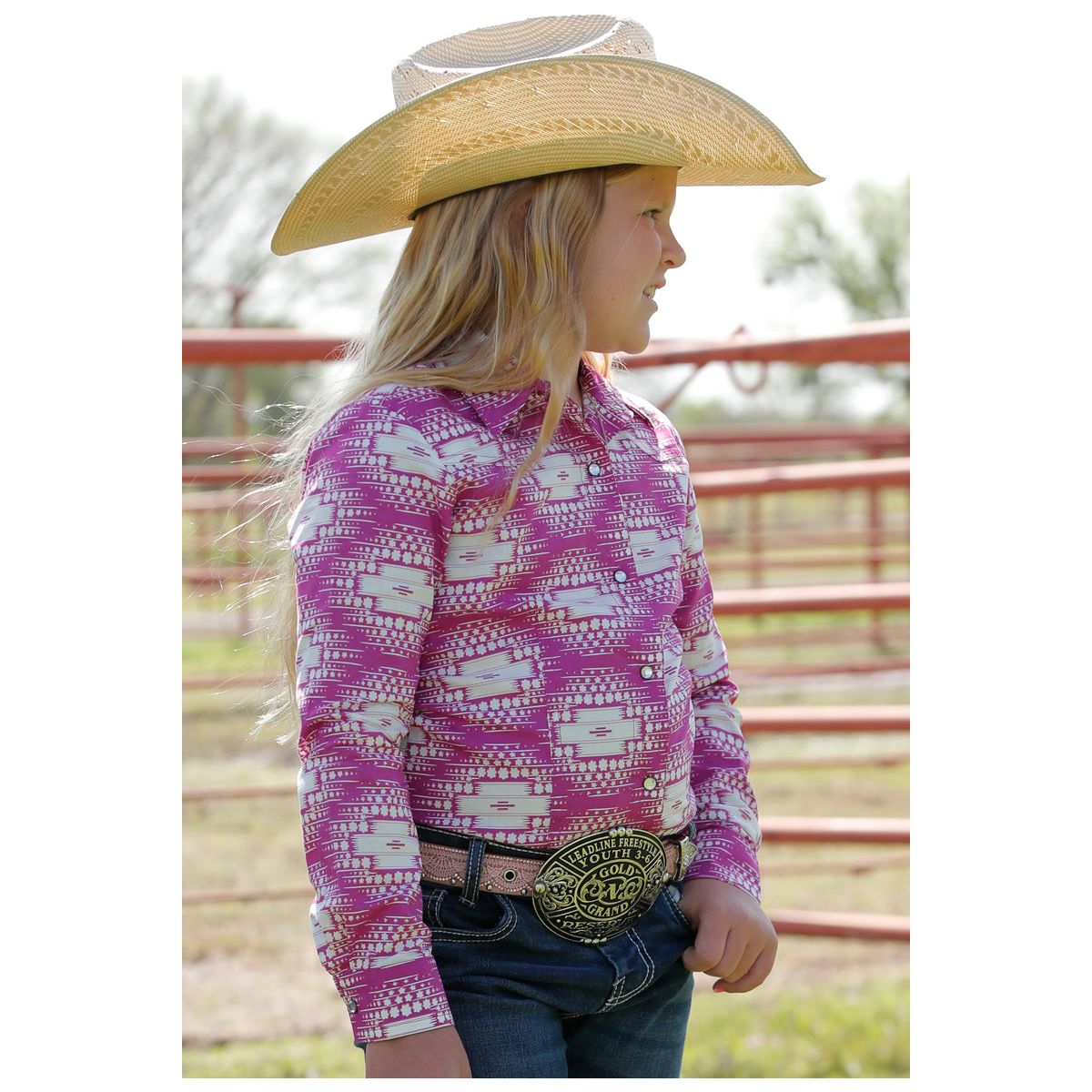 Girl's Cinch Long Sleeve Pink Printed Shirt CTW8040011