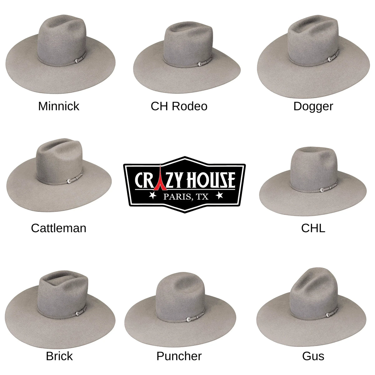 Set of gray hats with labels and Crazy House logo on a white background