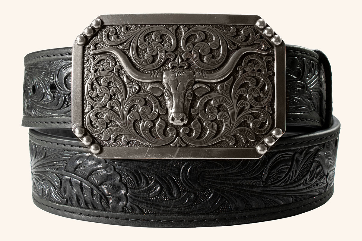 3D Men's Black Floral Tooled Belt with Longhorn Buckle