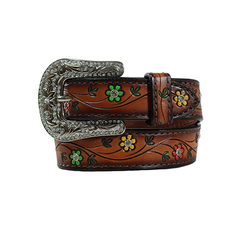 Girl's Angel Ranch Tooled Floral Design Hand Painted Leather Belt D130002402