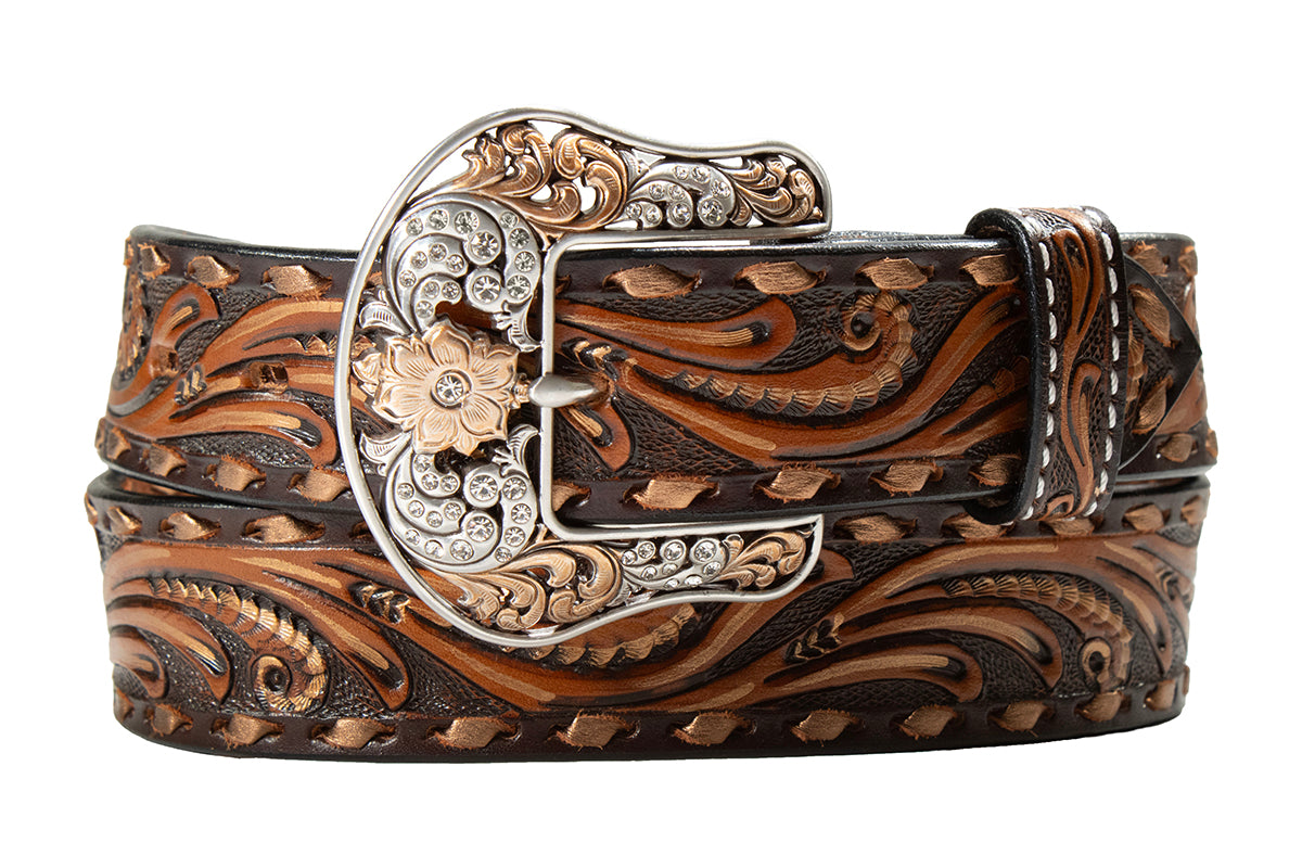 Angel Ranch Women's Scroll Tooled Brown Leather Belt