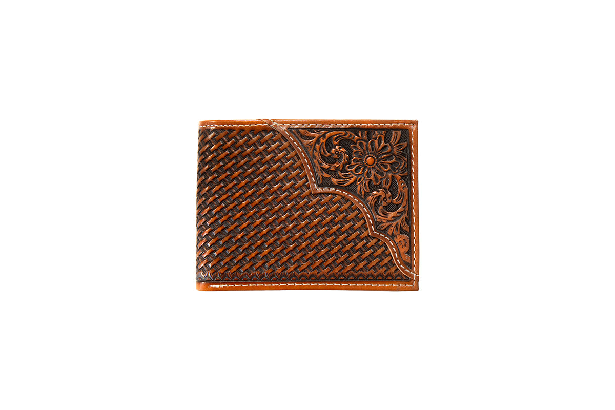 3D Men's Basket Weave Flower Tooled Bifold Wallet