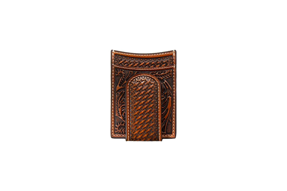 3D Men's Tan Basket Weave Overlay Money Clip Wallet