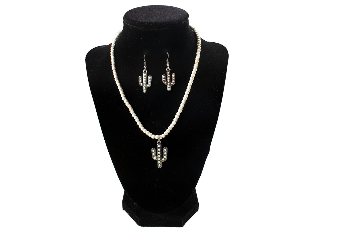 Women's Silver Strike White Beaded Cactus Earring and Necklace Set D450023805