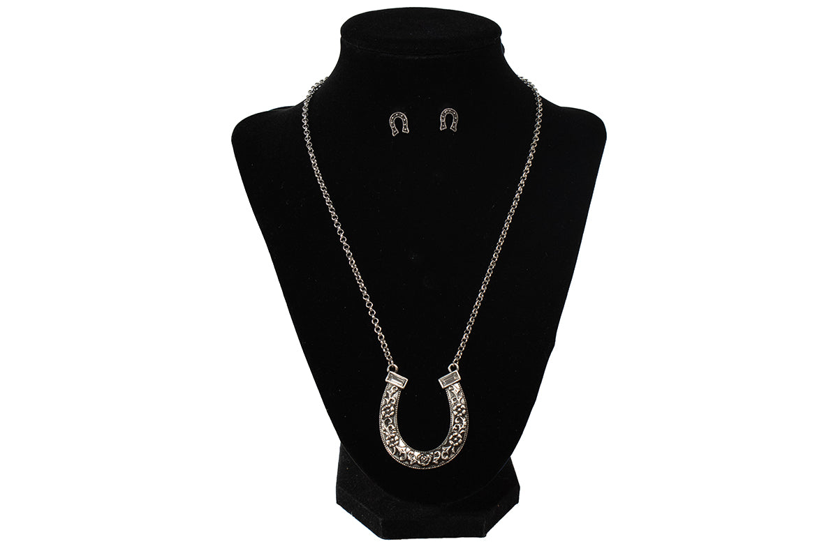 Women's Silver Strike Horseshoe Pendant Necklace and Earring Set D450023936