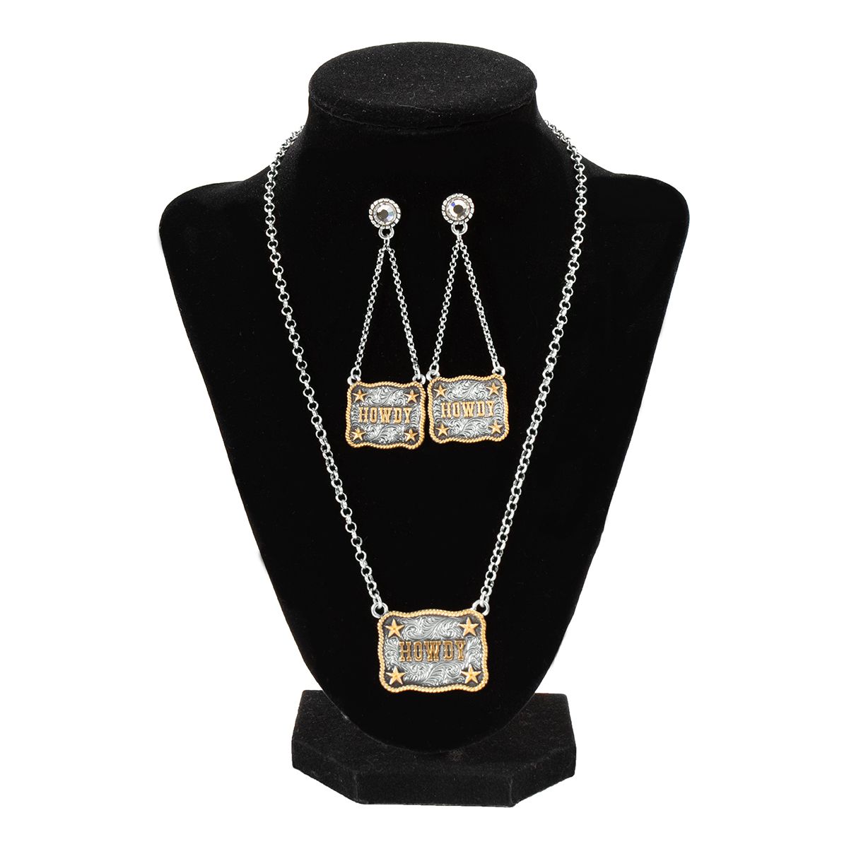 Women's Silver Strike Gold Stars and "Howdy" Necklace and Earrings Set D450024697