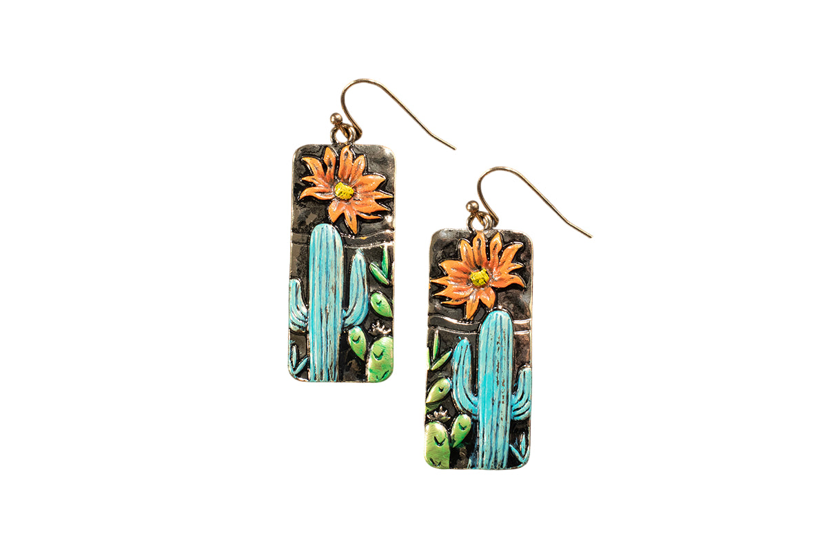 Women's Silver Strike Cactus and Flower Painted Earrings D460018497