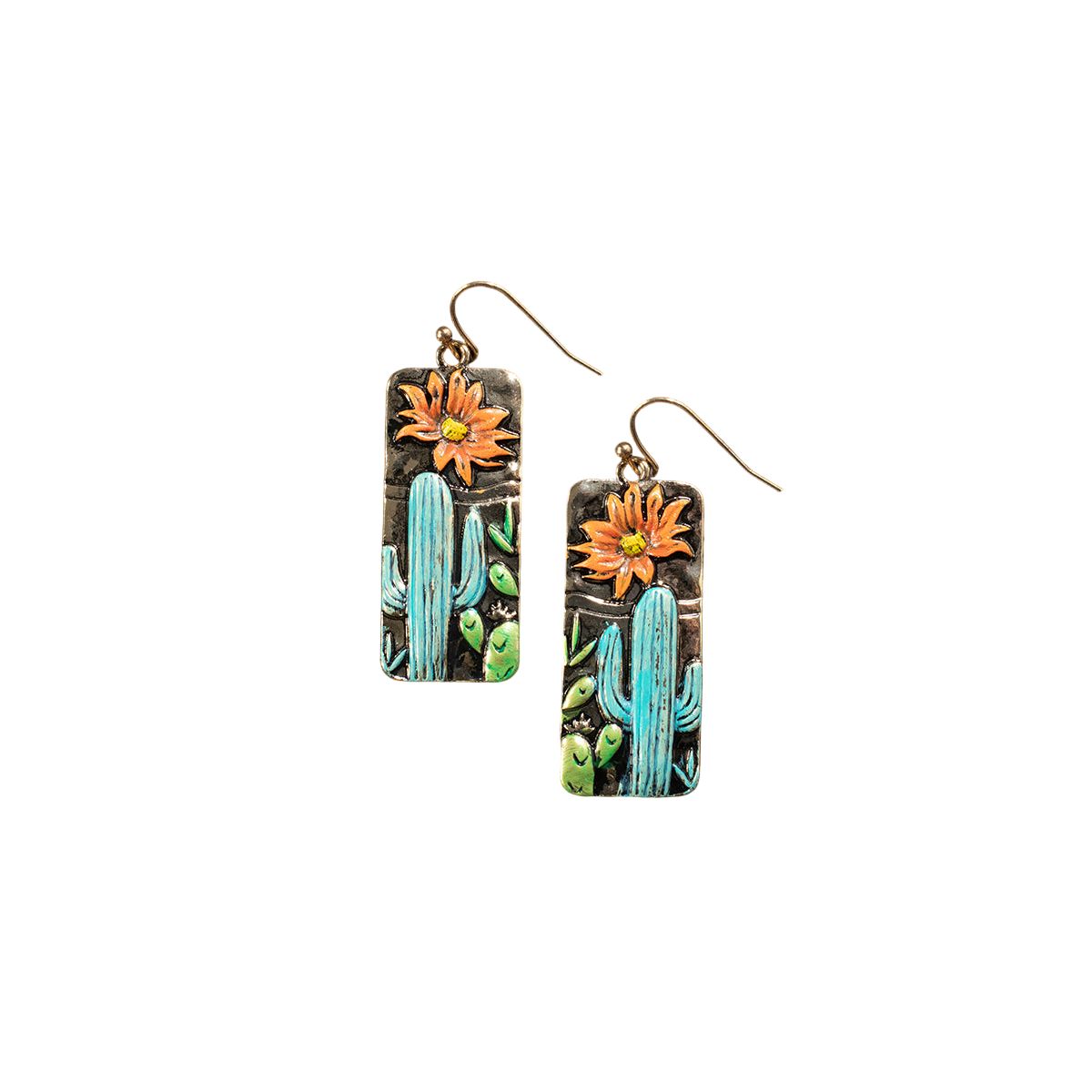 Women's Silver Strike Cactus and Flower Painted Earrings D460018497