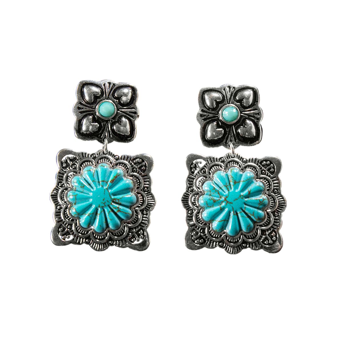 Women's Silver Strike Turquoise Scalloped Square Earrings D460018533