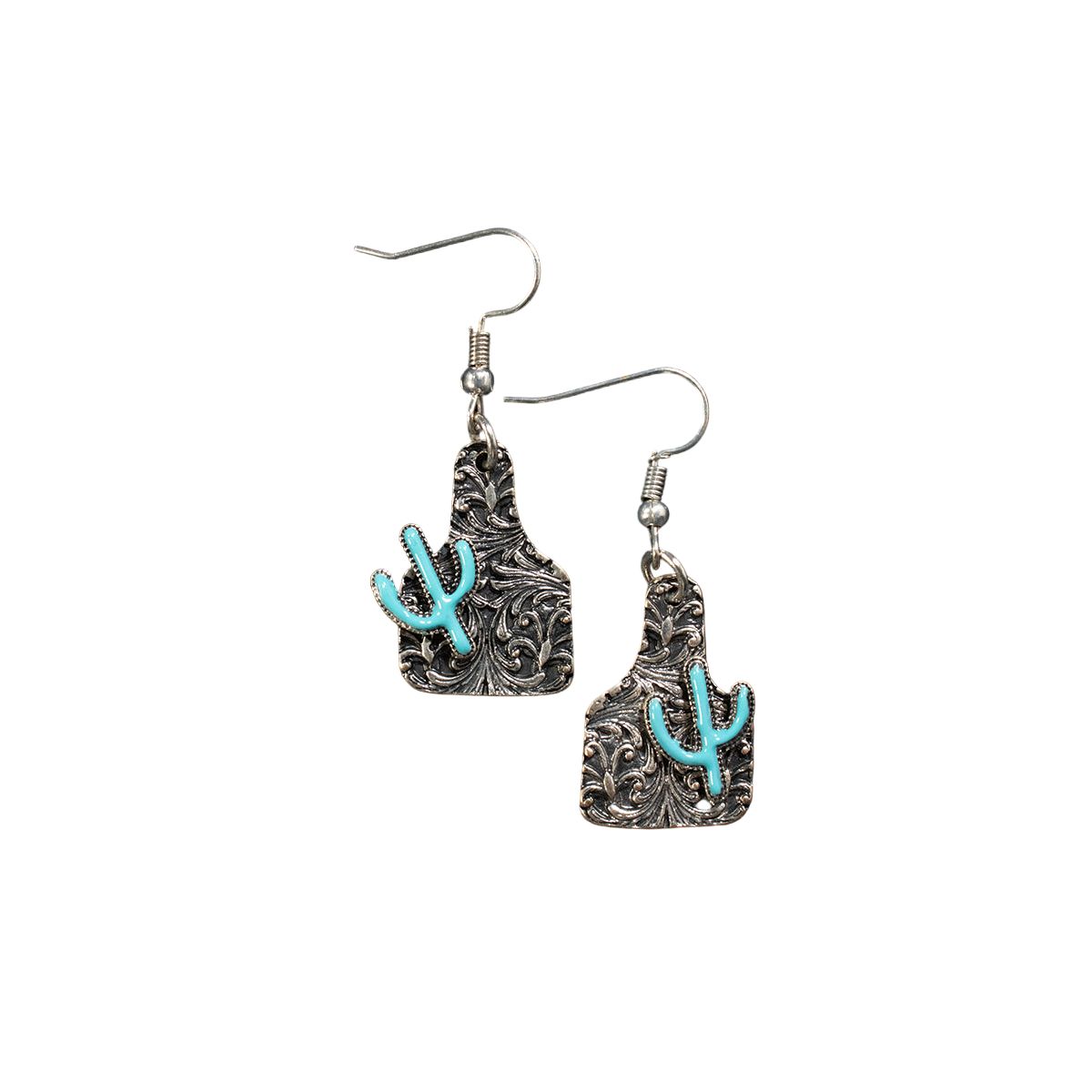 Women's Silver Strike Turquoise Engraved Ear Tag Earrings D460018633