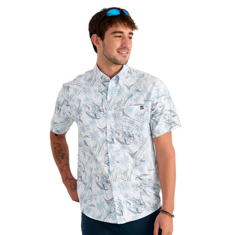 Men's Huk Blue Shadow Palm Slam KC Kona Button-Down H1500192-418
