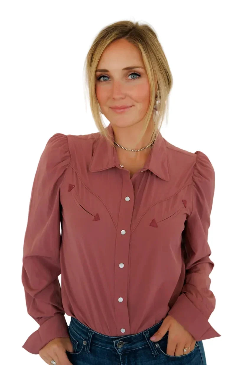 Howdy Hanny Women's Wine Long Sleeve Performance Snap Shirt