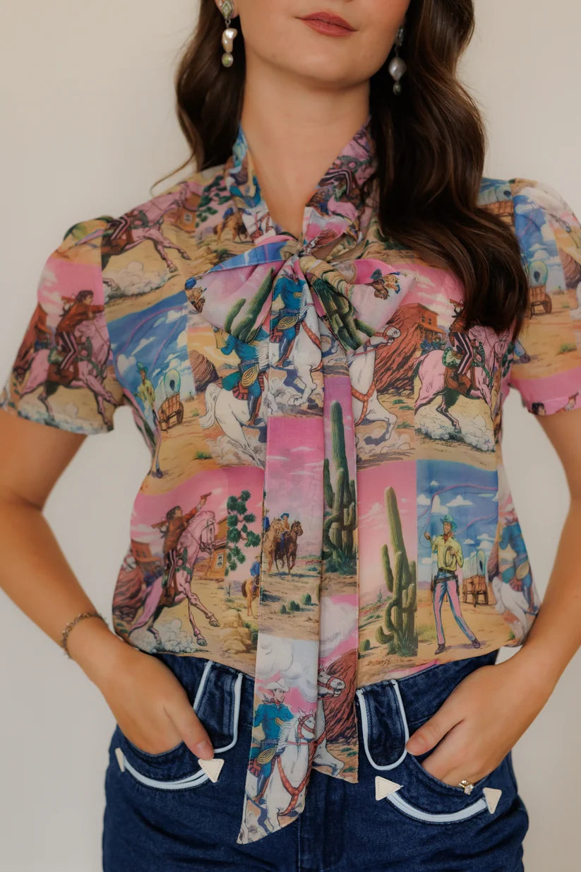 Howdy Hanny Women's Pink Out West Square Tie Top