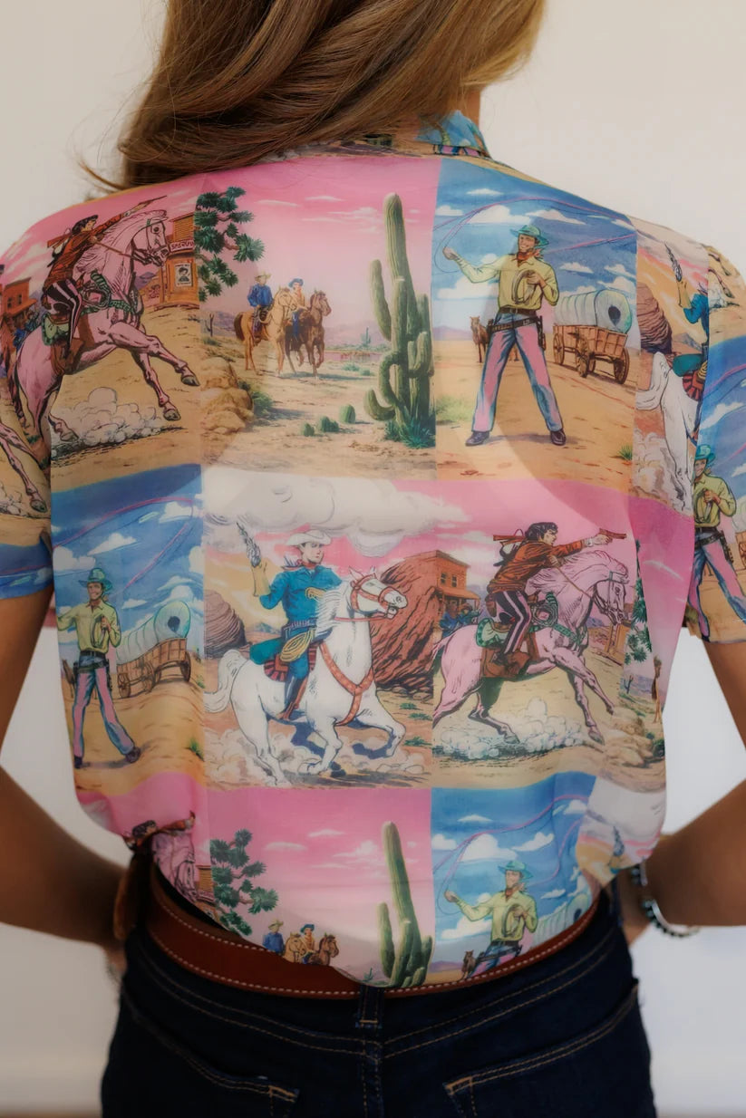 Howdy Hanny Women's Pink Out West Square Tie Top