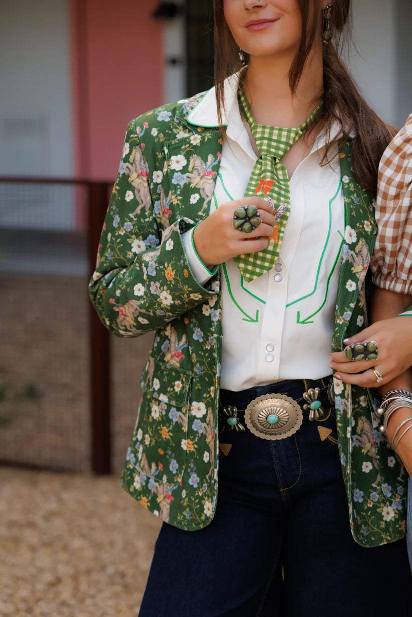 Howdy Hanny Women's Green Cowboy Corduroy Flower Horse Blazer