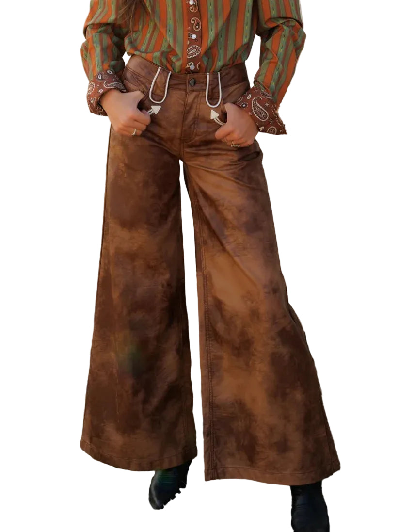 Howdy Hanny Women's Brown Leather Smiley Wide Leg Pants