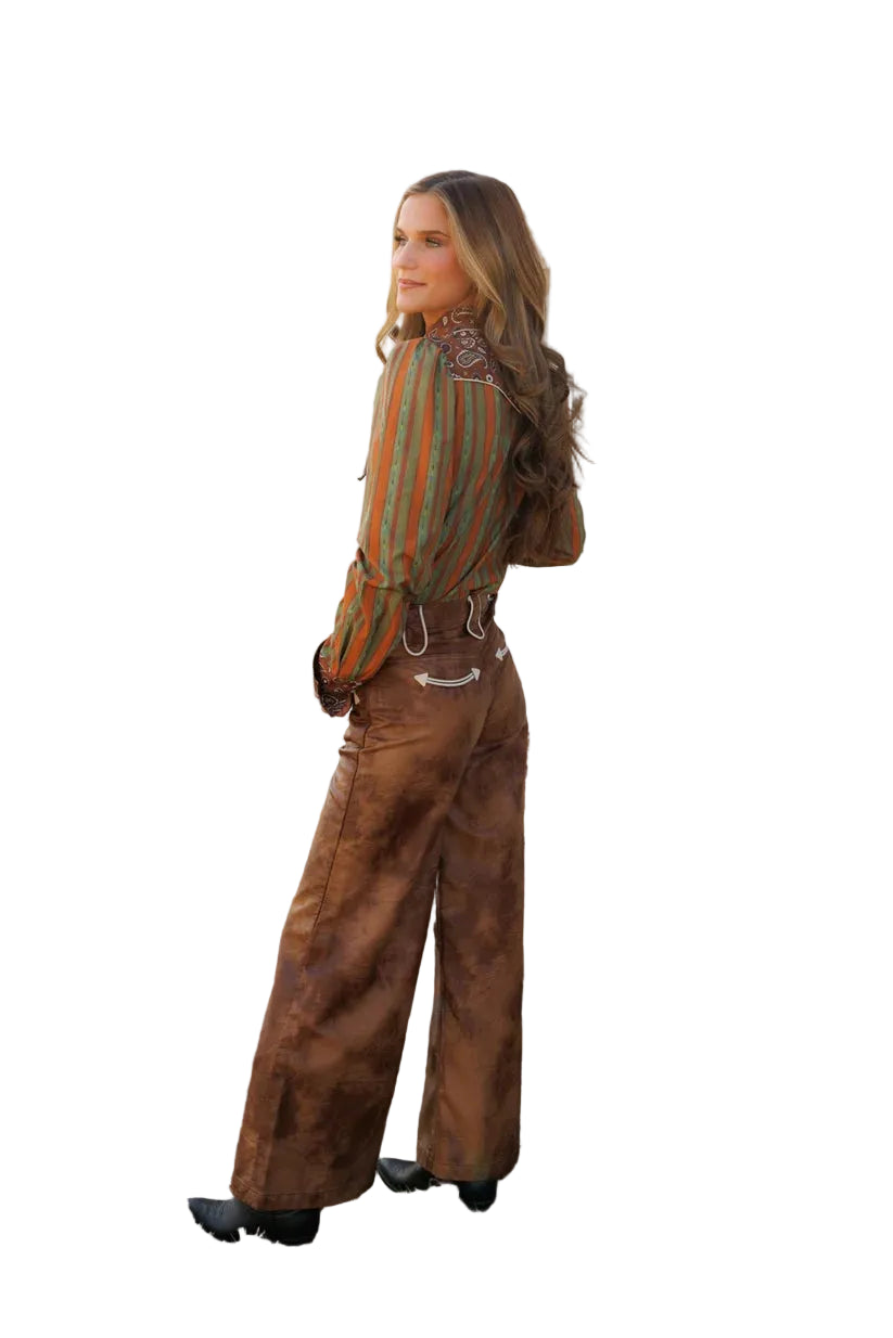 Howdy Hanny Women's Brown Leather Smiley Wide Leg Pants