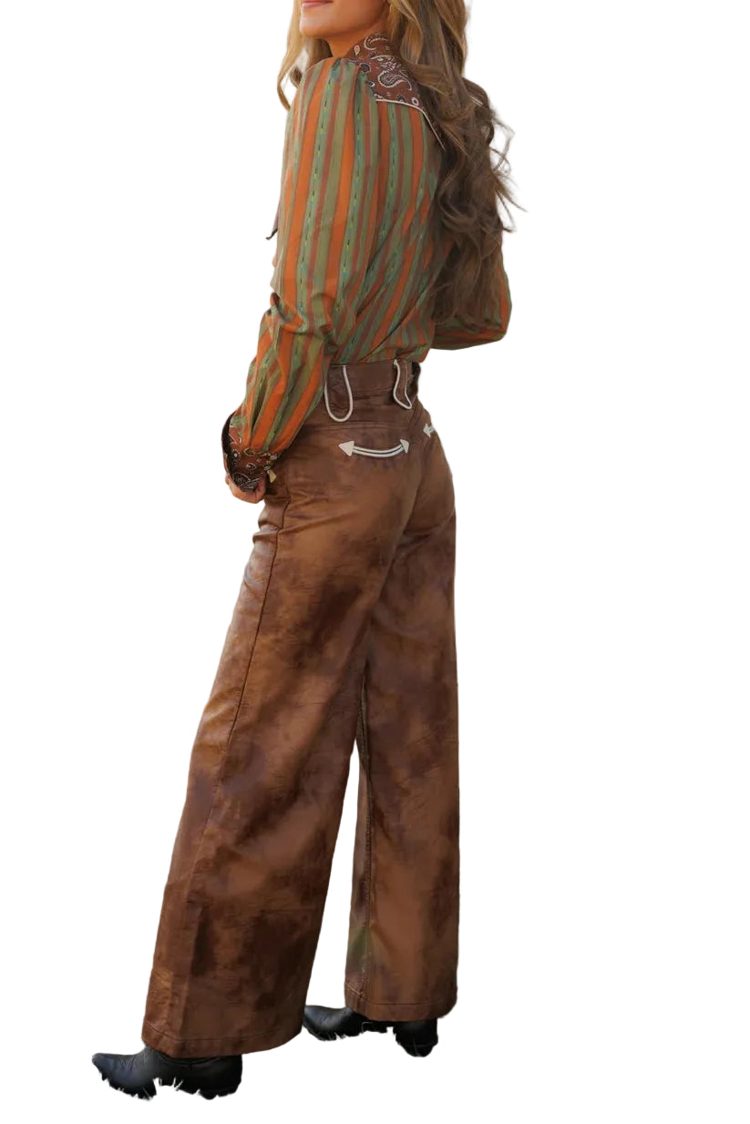 Howdy Hanny Women's Brown Leather Smiley Wide Leg Pants