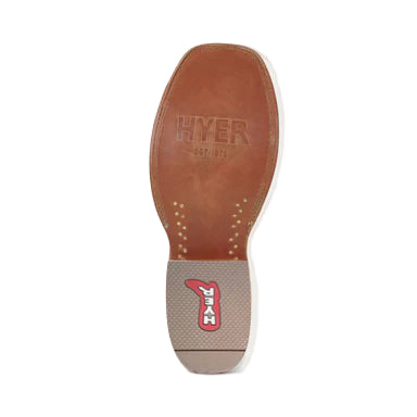 Brown leather insole with 'HYER' branding on a light gray background