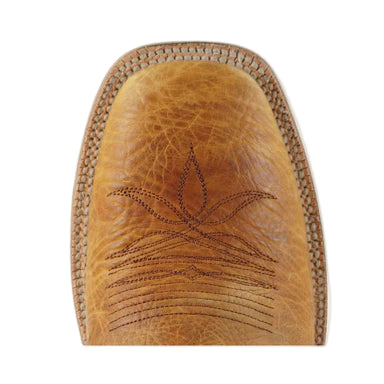 Brown leather product with embossed design on a light gray background