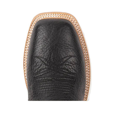 Close-up of a black leather boot with brown stitching on a light gray background