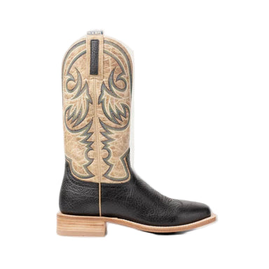 Black and beige cowboy boot with intricate design on a light gray background