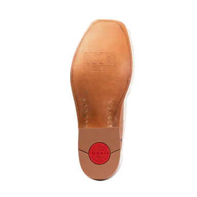 Tan leather shoe sole with a red logo on a light gray background