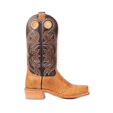 Brown cowboy boot with intricate stitching on a light gray background