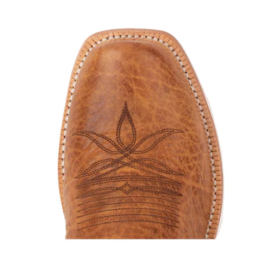 Brown leather case with embossed design on a light beige background