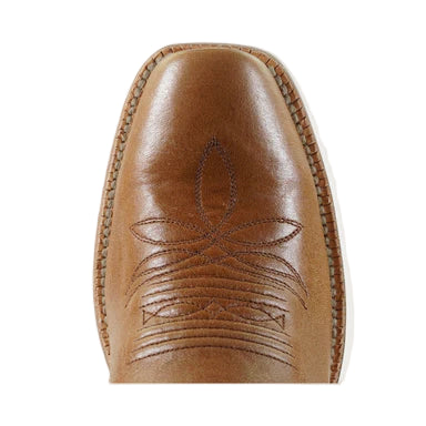 Brown leather boot sole with intricate stitching on a light gray background