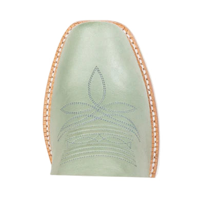 Light green leather sleeve with leaf design on a white background