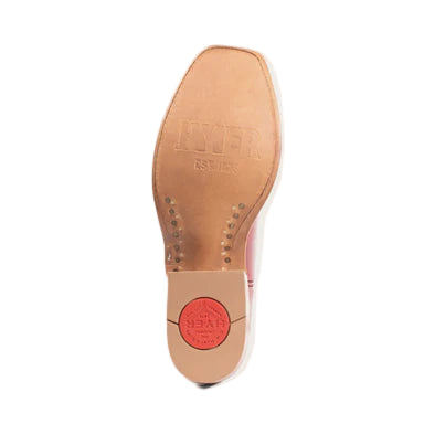 Close-up of a shoe sole with a visible brand logo on a light gray background