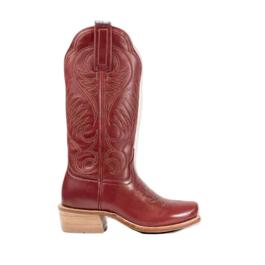 Red cowboy boot with intricate designs on a light gray background