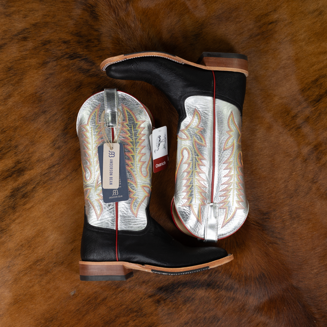 Pair of black cowboy boots with white insole on a brown fur background