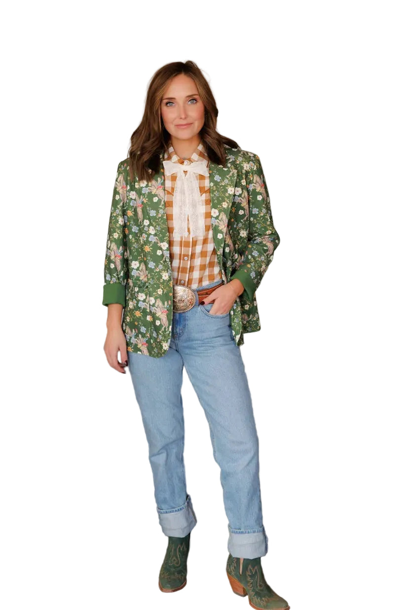 Howdy Hanny Women's Green Cowboy Corduroy Flower Horse Blazer