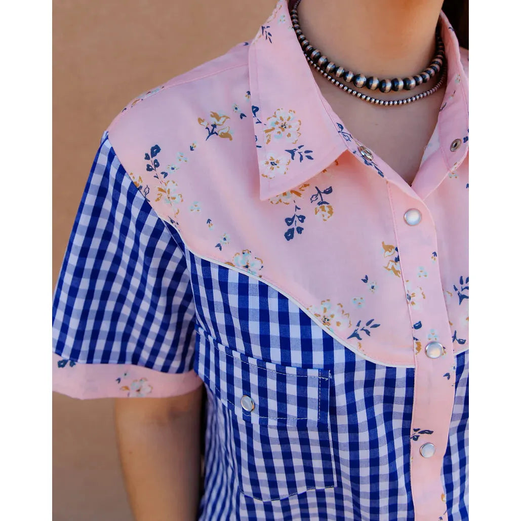 Women's Pearl Snap, Light Pink and Blue Gingham Short Sleeve Pearl Snap - Crazy House Western Wear