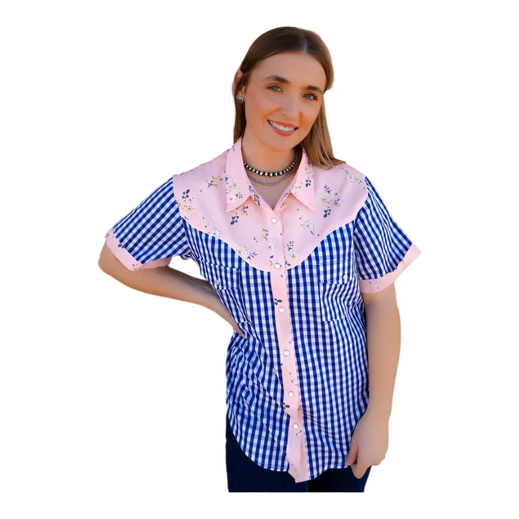 Women's Pearl Snap, Light Pink and Blue Gingham Short Sleeve Pearl Snap - Crazy House Western Wear